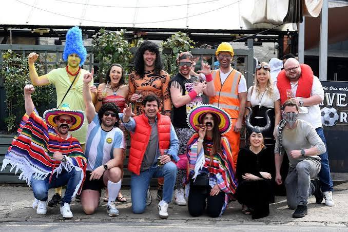 Crawlers in full costume outside a Headingley pub